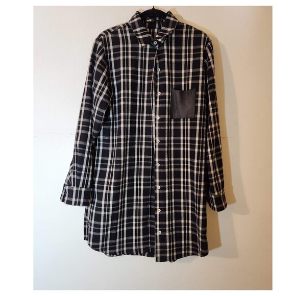 MAJE Grunge Leather Trimmed Plaid Flannel Shirt - Picture 3 of 9